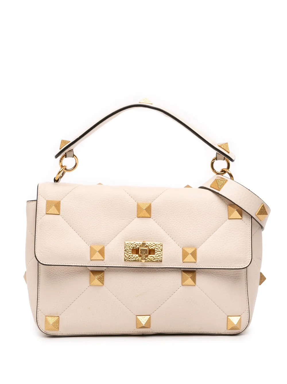 Pre-owned Valentino Garavani 2018-2025 Large Grained Calfskin Roman Stud Satchel In White