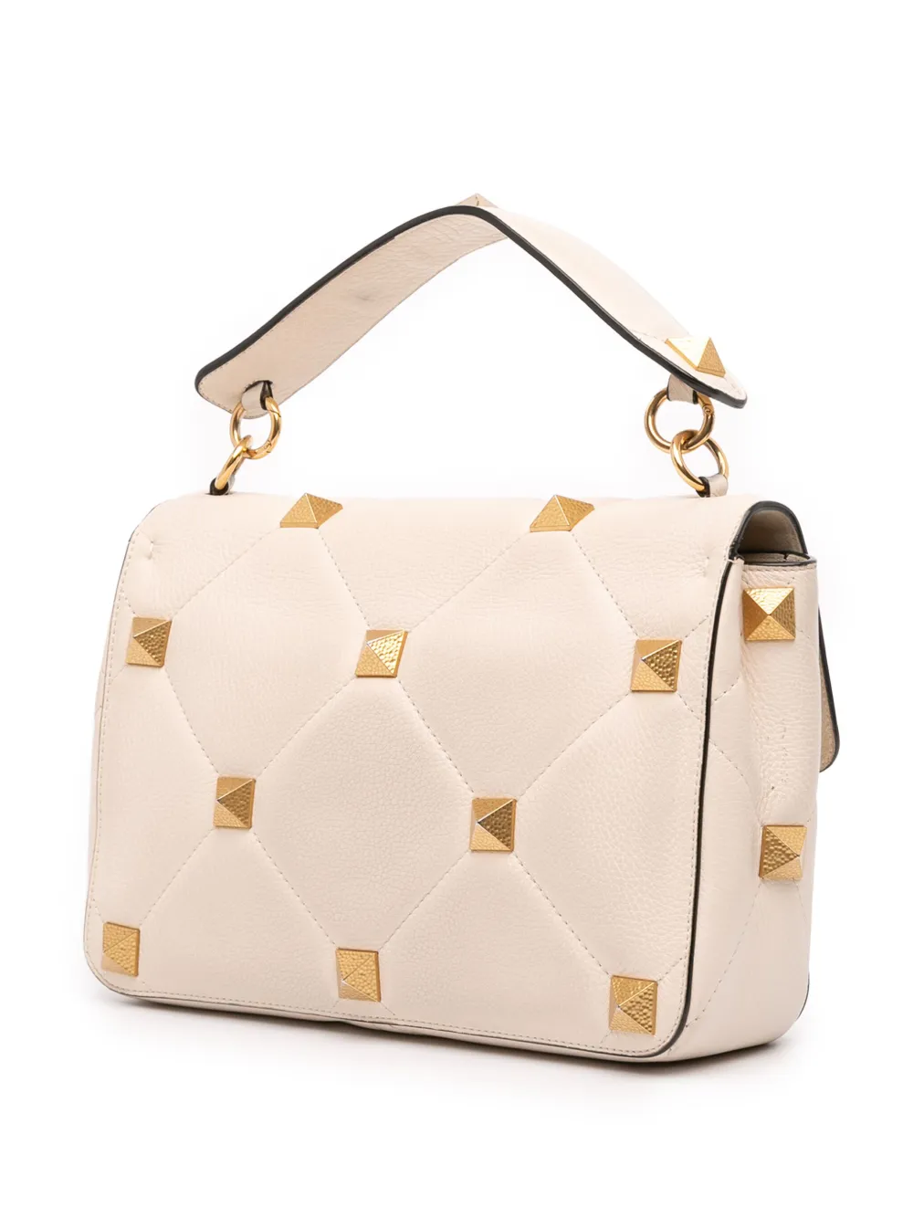 Pre-owned Valentino Garavani 2018-2025 Large Grained Calfskin Roman Stud Satchel In White