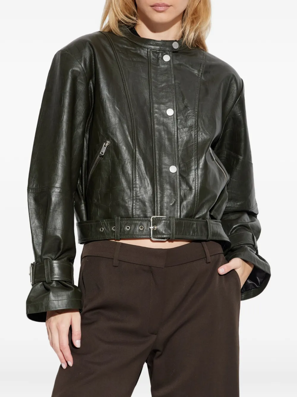 Gestuz Buckle-detail Leather Jacket In Green