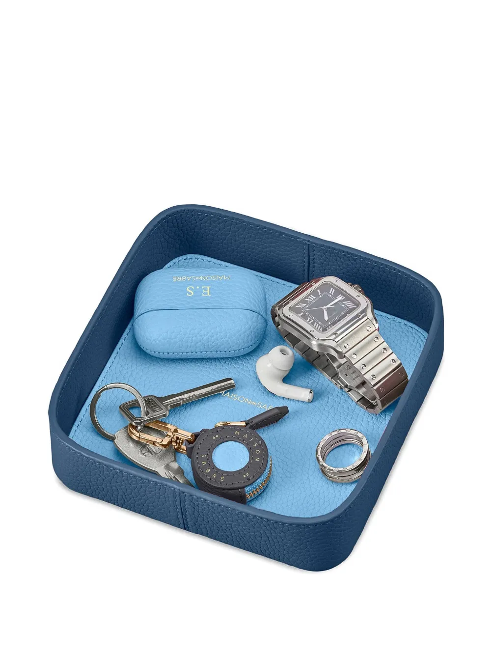 Maison De Sabre Catchall Hand-stitched Leather Tray (15cm X 15cm) In Blue