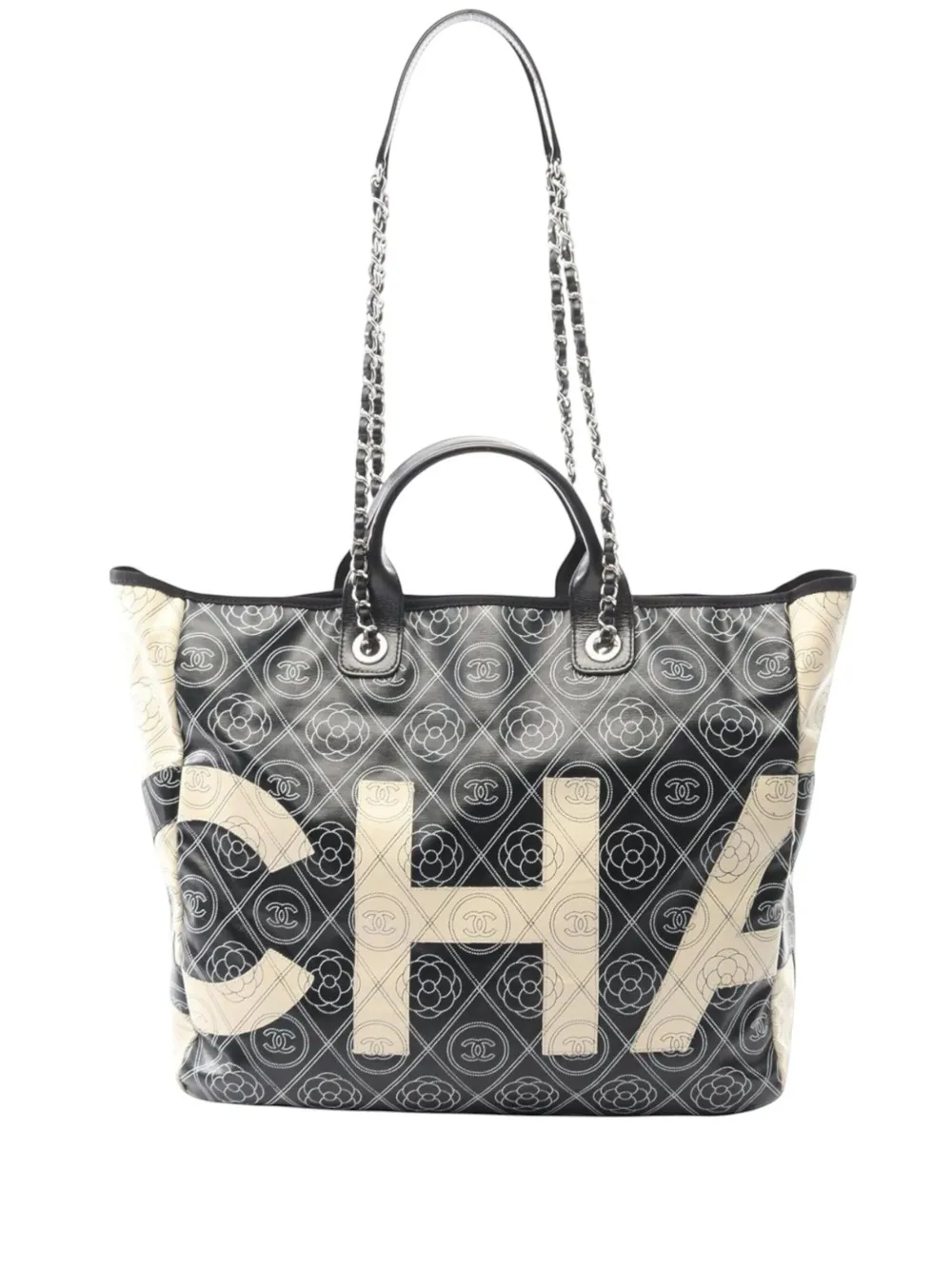 CHANEL Pre-Owned 2018 ラージ コーティングキャンバス カメリア ロゴ ドーヴィル ショッピングトート サッチェルバッグ