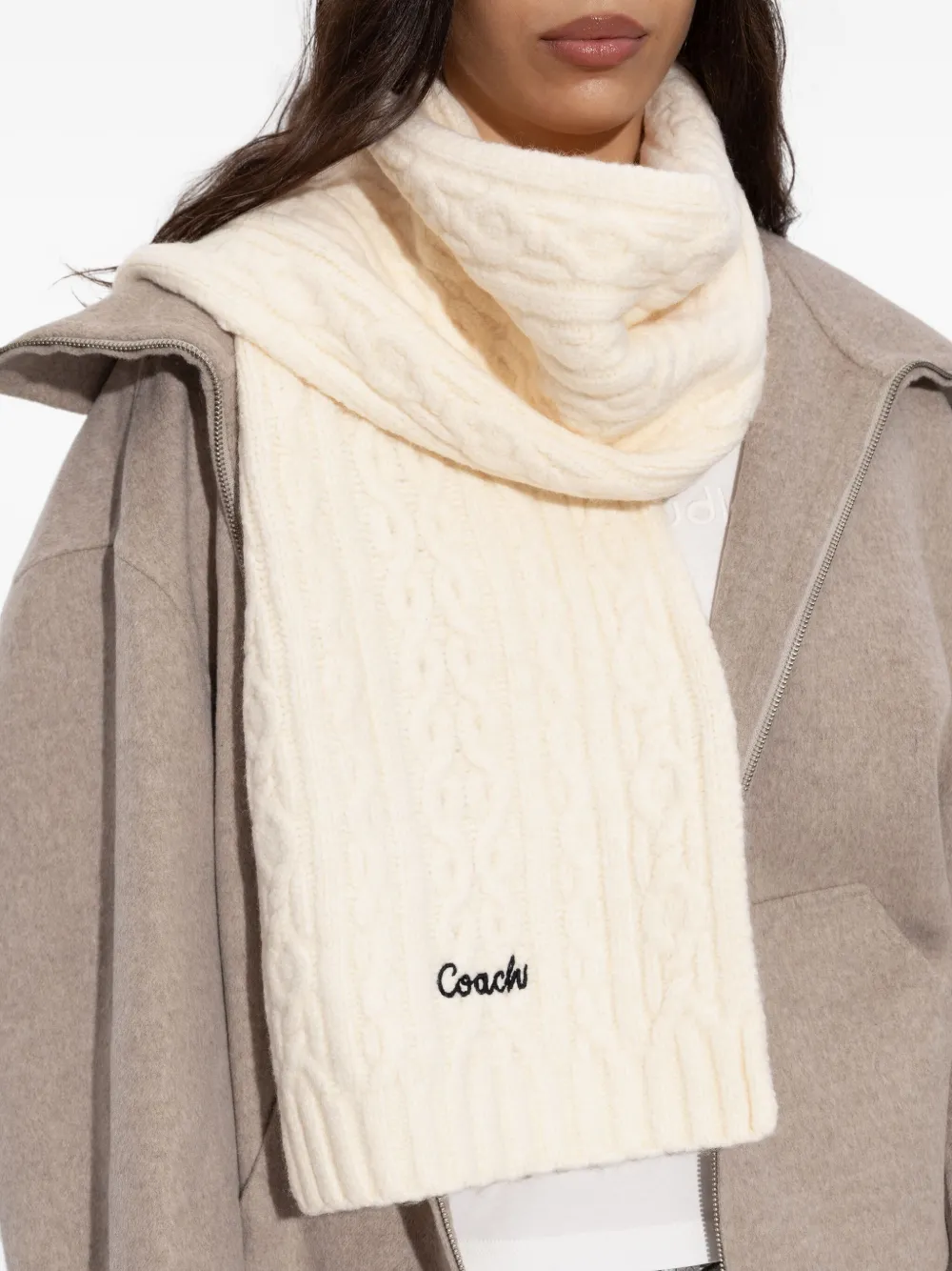 Coach Cable-knit Logo-embroidered Scarf In White