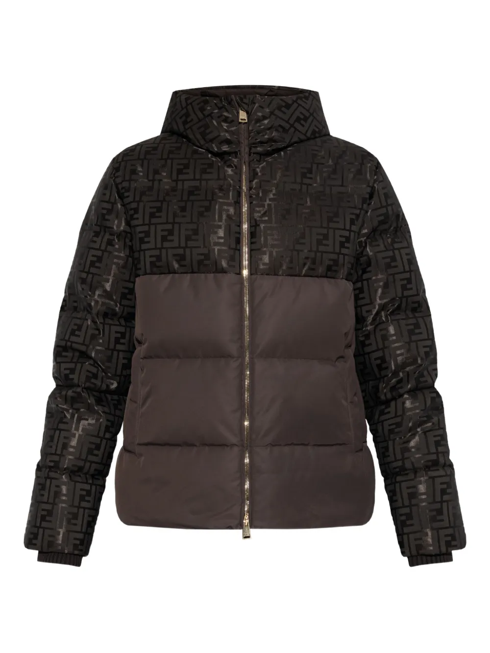 Fendi Women Brown Down Jacket With Drawstring Hood And Ff Motif In Tech Fabric Woman In Brown