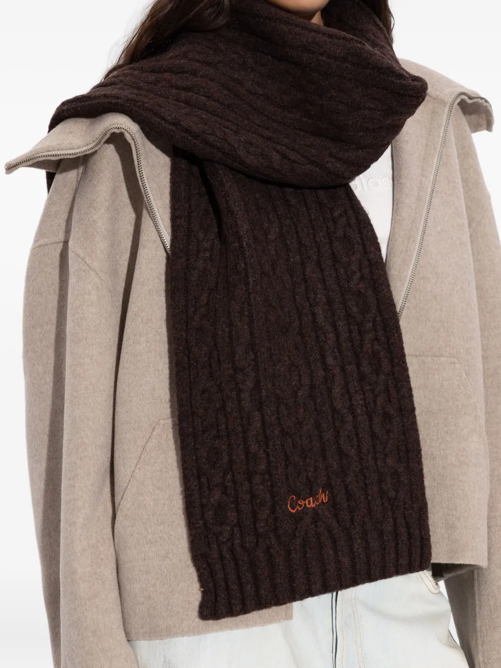 Coach Cable-knit Logo Scarf In Brown