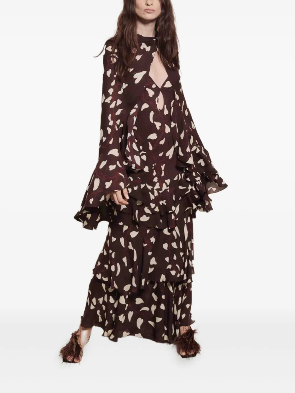Johanna Ortiz Printed Ruffled Silk Coat In Brown