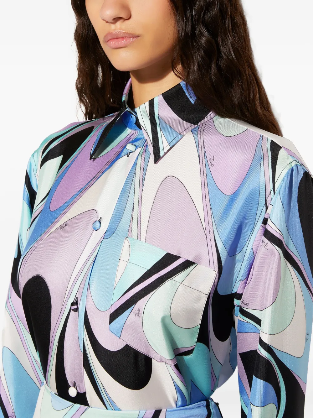 PUCCI Zijden blouse met zak en onde-print Blauw