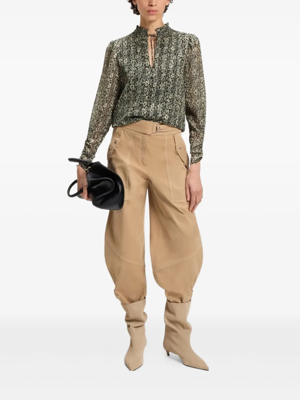 BOSS Shirt met bloemenprint en ruches - Zwart