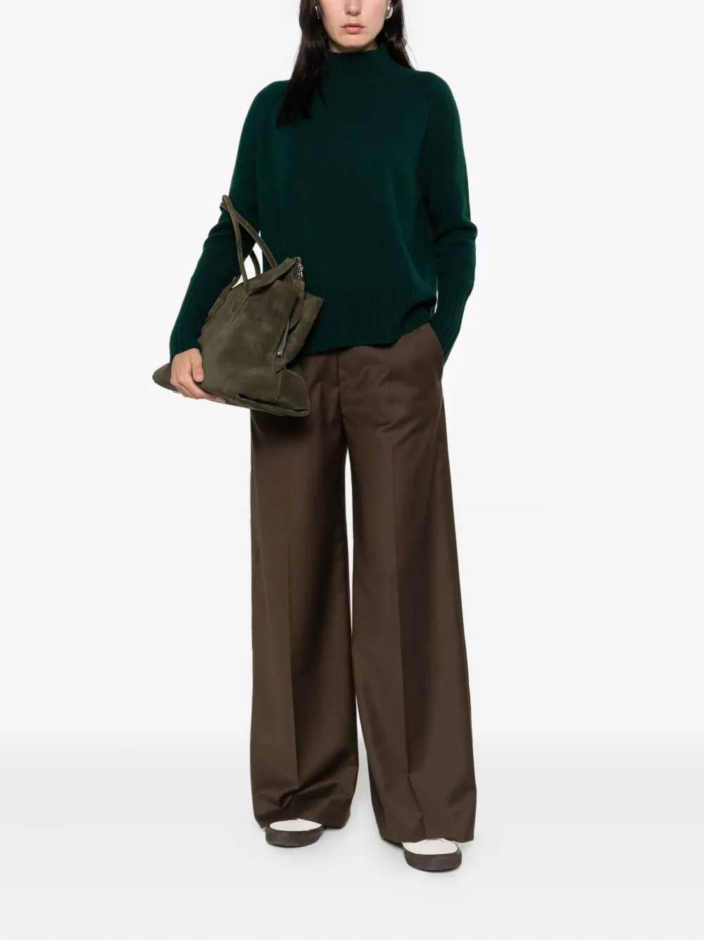 Beyou Ribbed High-neck Sweater In Green