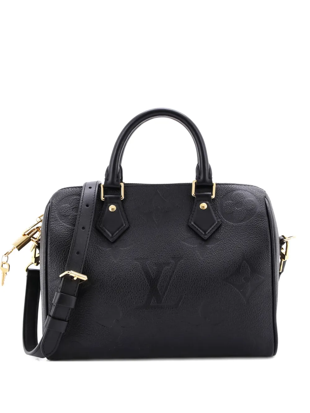 Pre-owned Louis Vuitton Monogram Empreinte 25 Speedy Bandouliere Satchel In Black