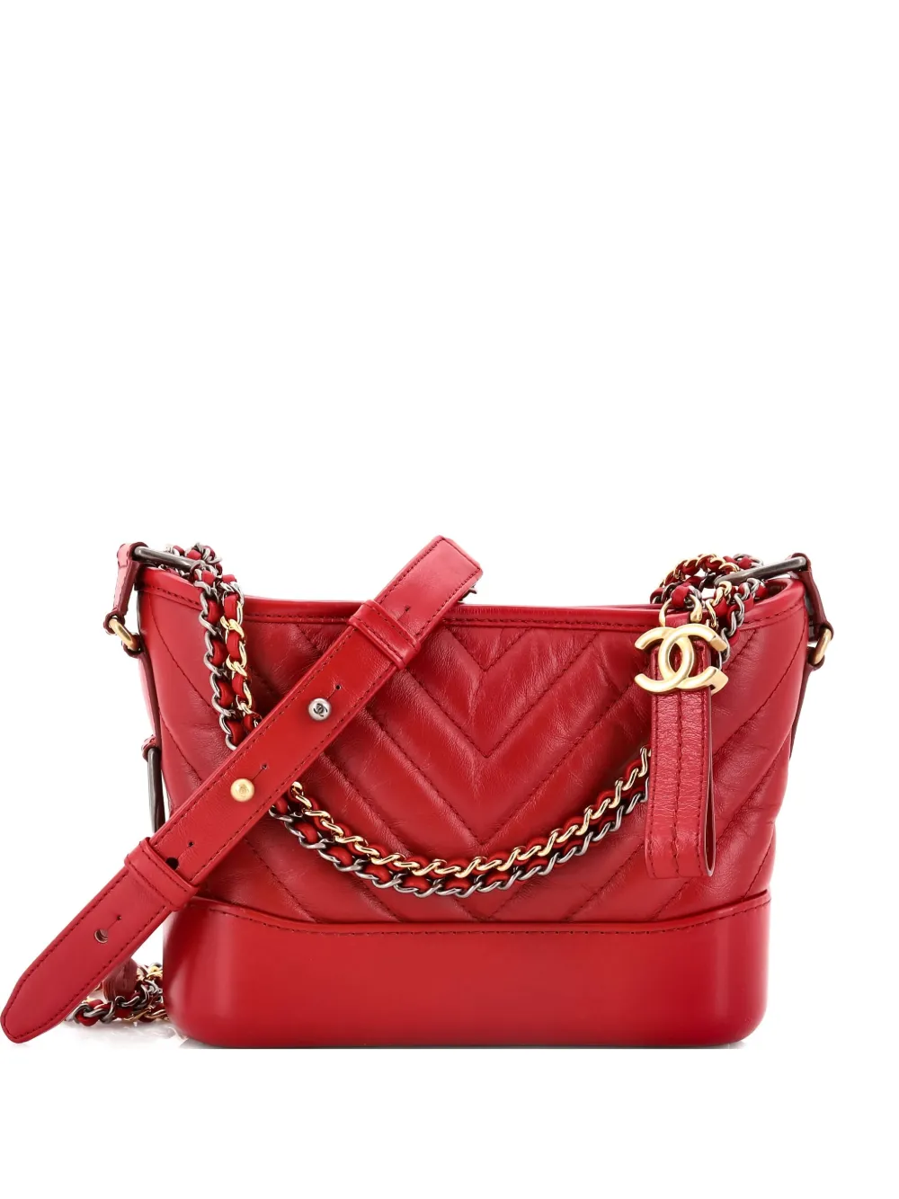 Pre-owned Chanel Chevron Chain Gabrielle Small Crossbody Bag In Red