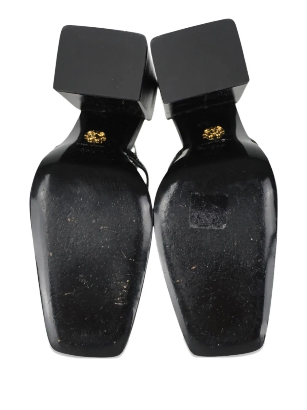 Pre-owned Versace 12mm Strap Block Heels In Black