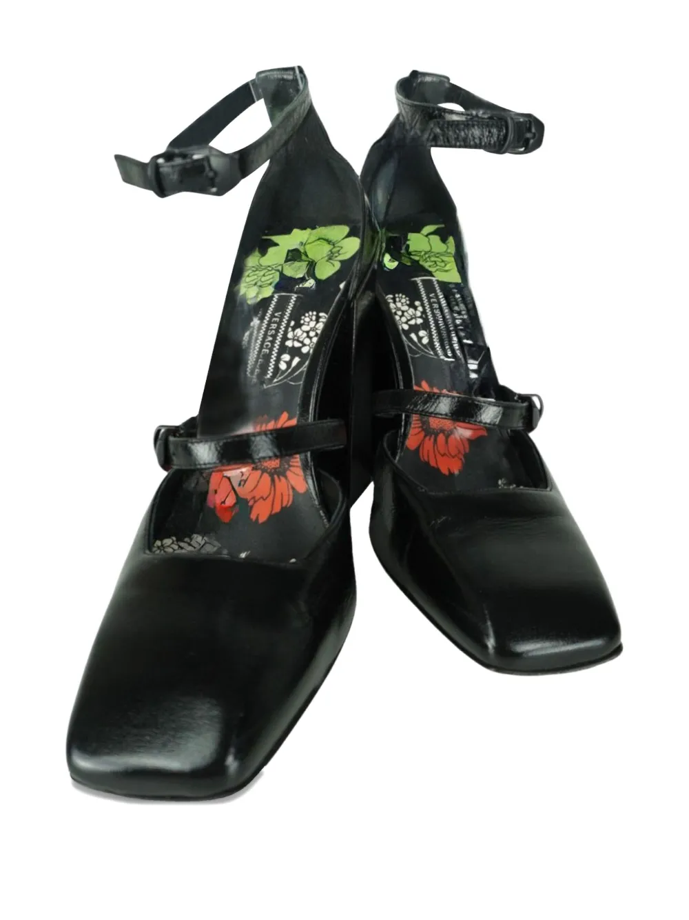 Pre-owned Versace 12mm Strap Block Heels In Black