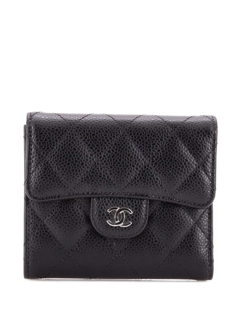 Pre-owned Chanel Cc Compact Classic Flap Wallet Quilted Caviar Small Wallets In Black