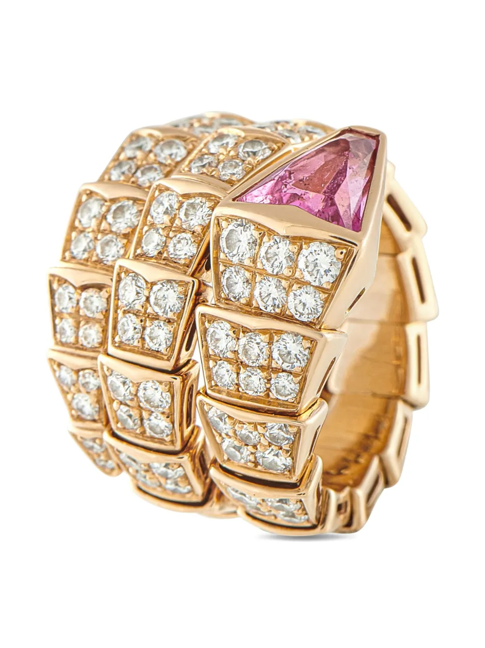 Pre-owned Bvlgari 18k Rose Gold Serpenti Diamond And Tourmaline Ring In Pink