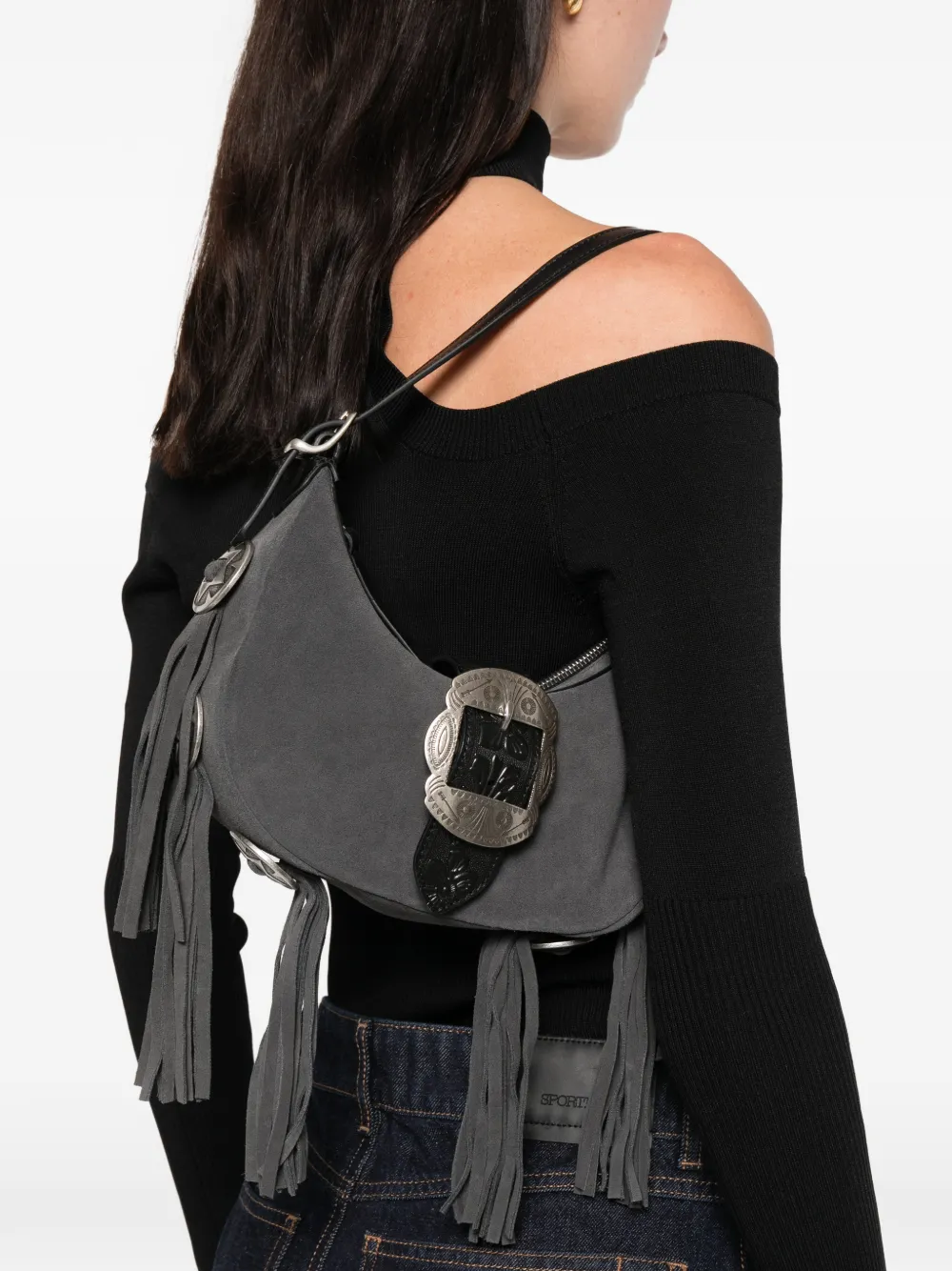 Htc Los Angeles Sheryl suede fringed buckle-detail shoulder bag - Grijs