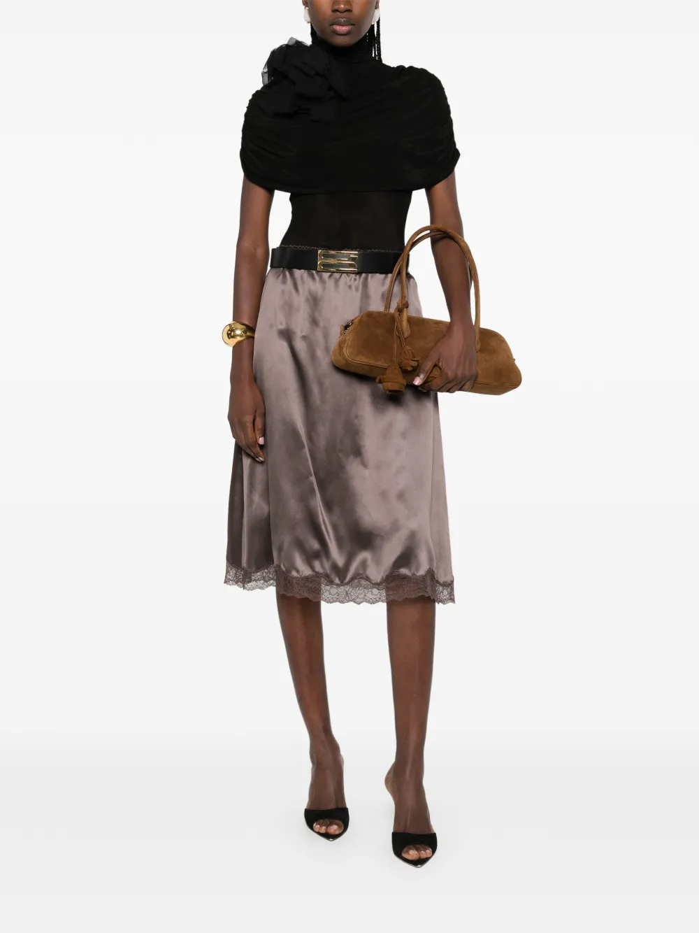 Lace-Trim Midi Skirt