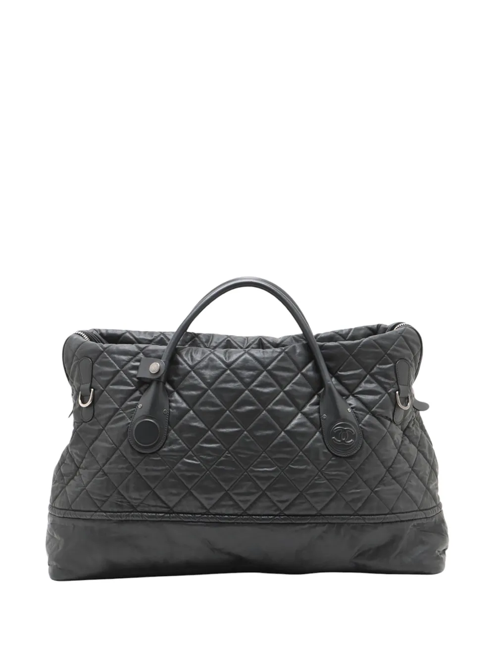Pre-owned Chanel 2011 Quilted Coated Canvas Horizontal Sport Weekender Travel Bag In Black