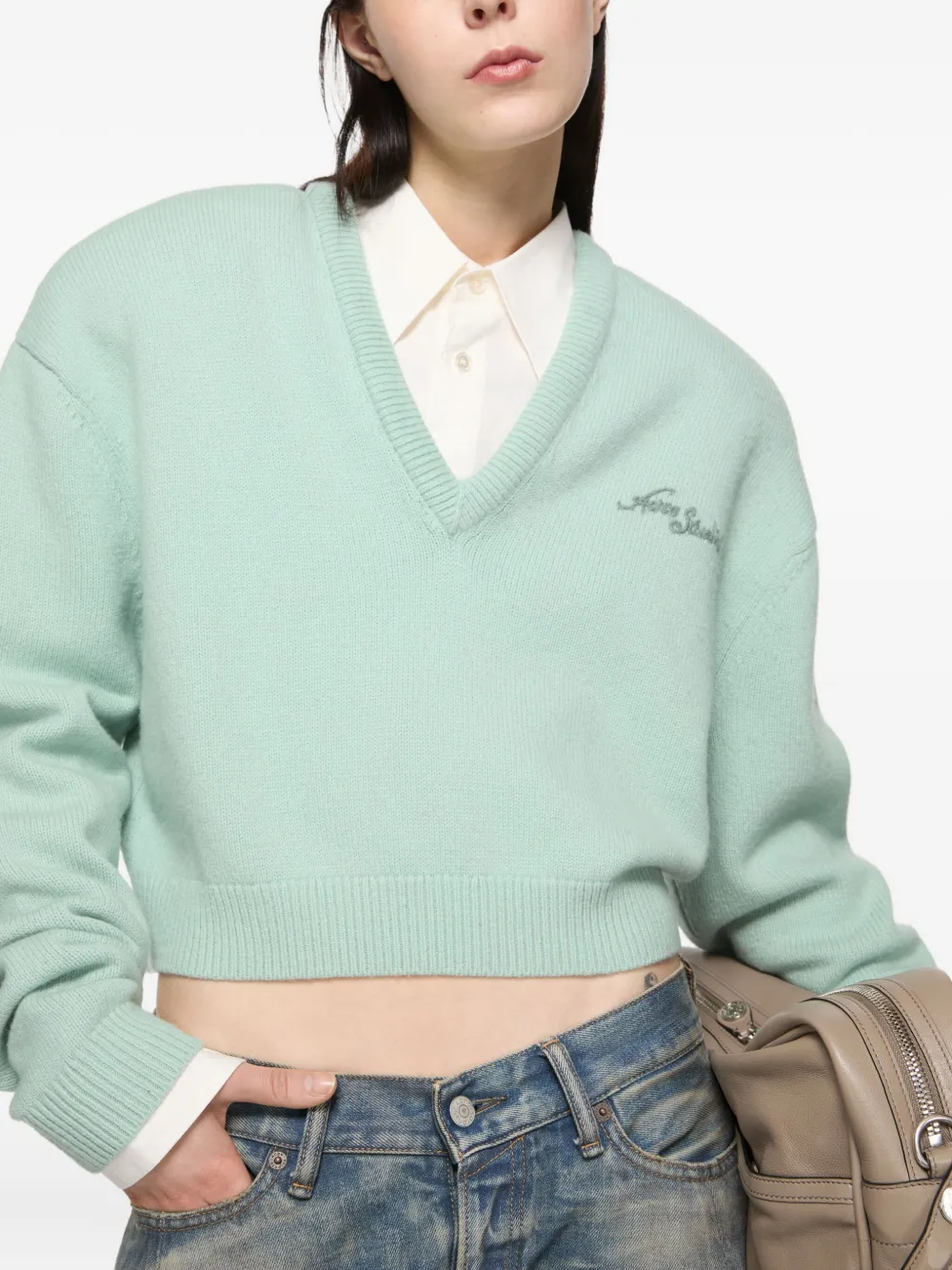Acne Studios Sweater met geborduurd logo en V-hals Groen