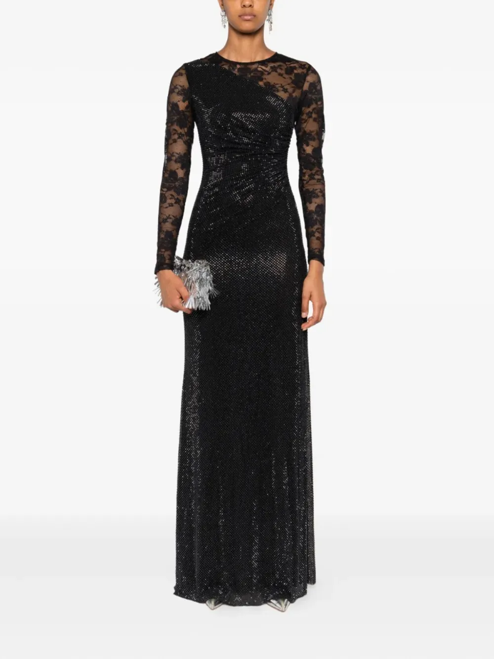 Self-portrait Rhinestone-embellished Long-sleeve Maxi Dress In Black