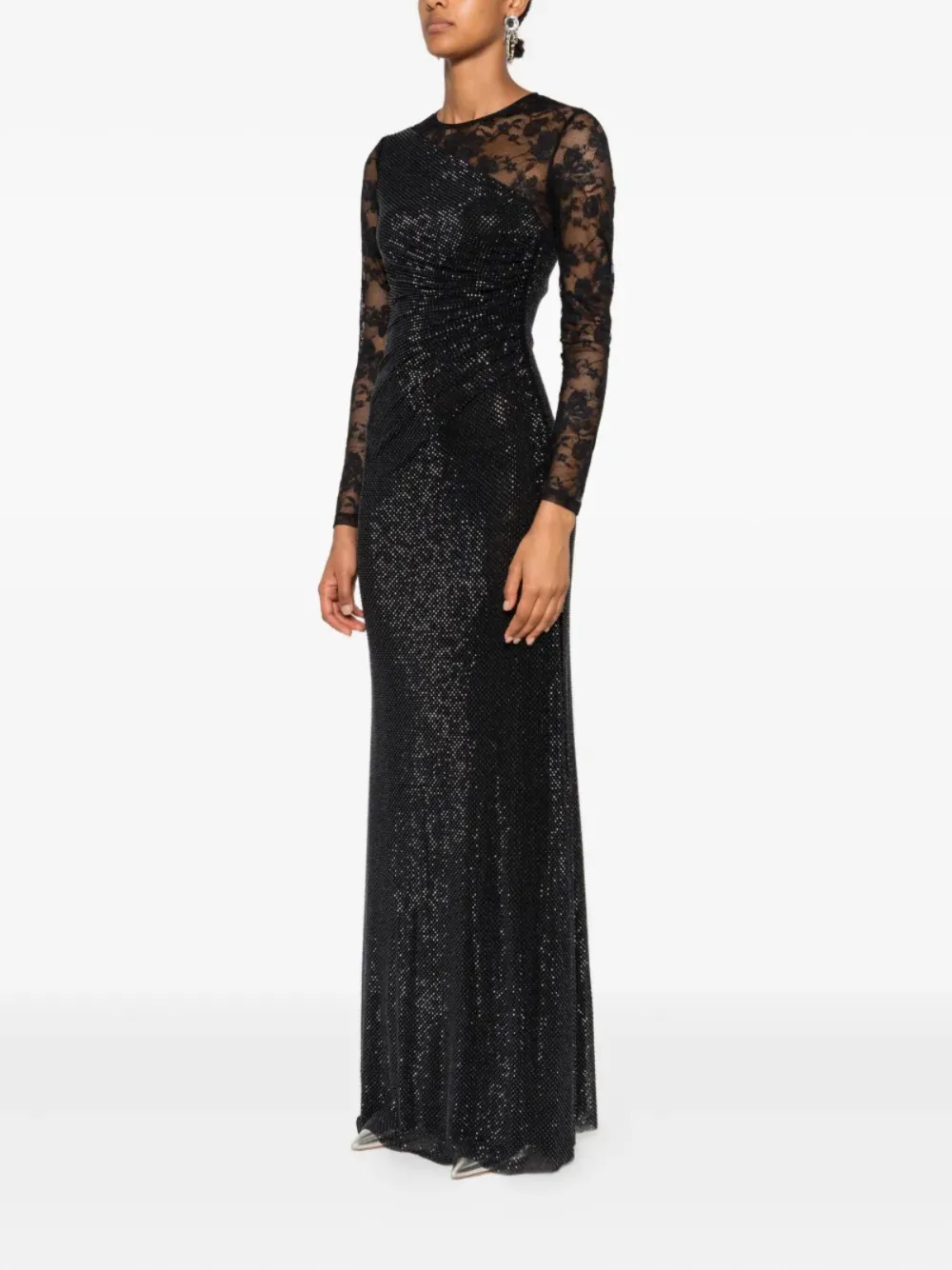 Self-portrait Rhinestone-embellished Long-sleeve Maxi Dress In Black