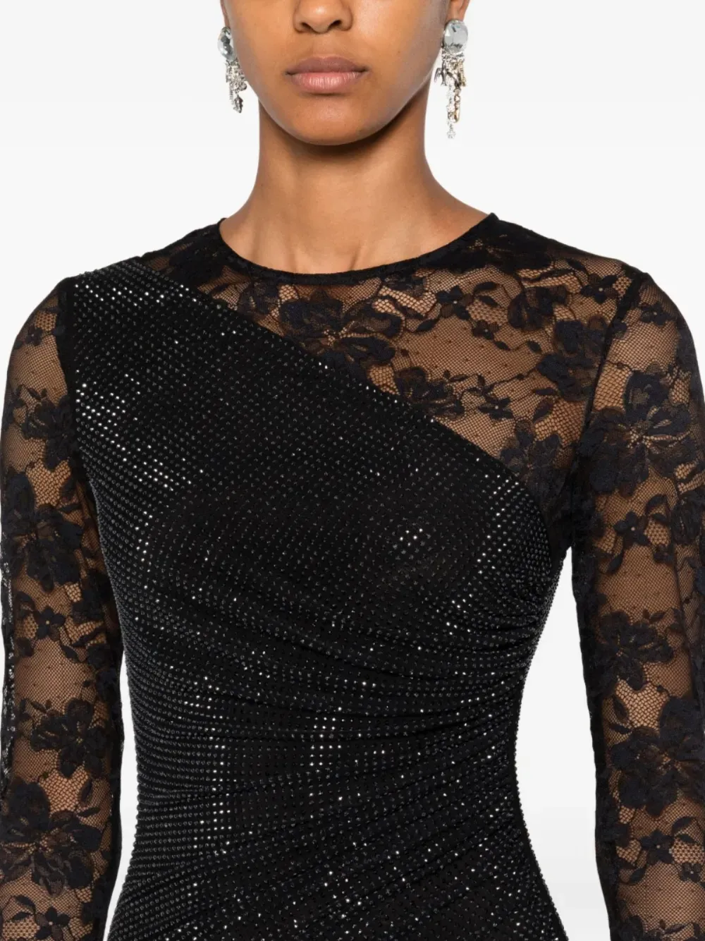 Self-portrait Rhinestone-embellished Long-sleeve Maxi Dress In Black