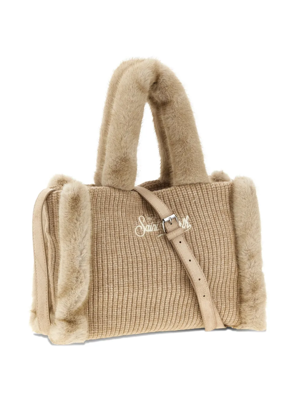 Mc2 Saint Barth Colette Shearling-trim Knitted Tote Bag In Neutral