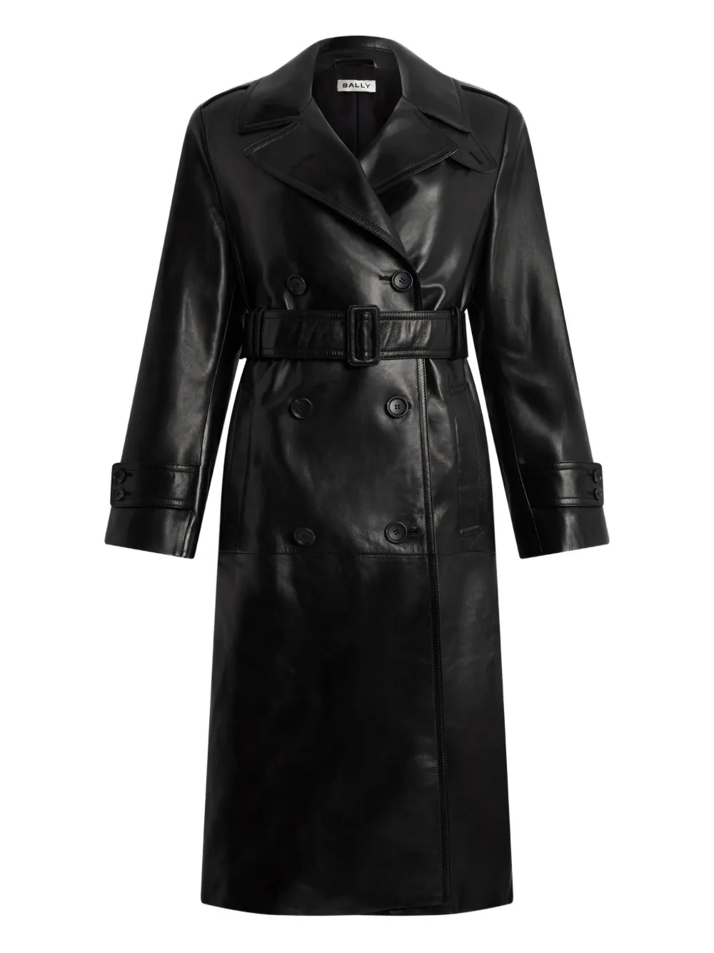 Bally Double-breasted Leather Trench Coat In Black
