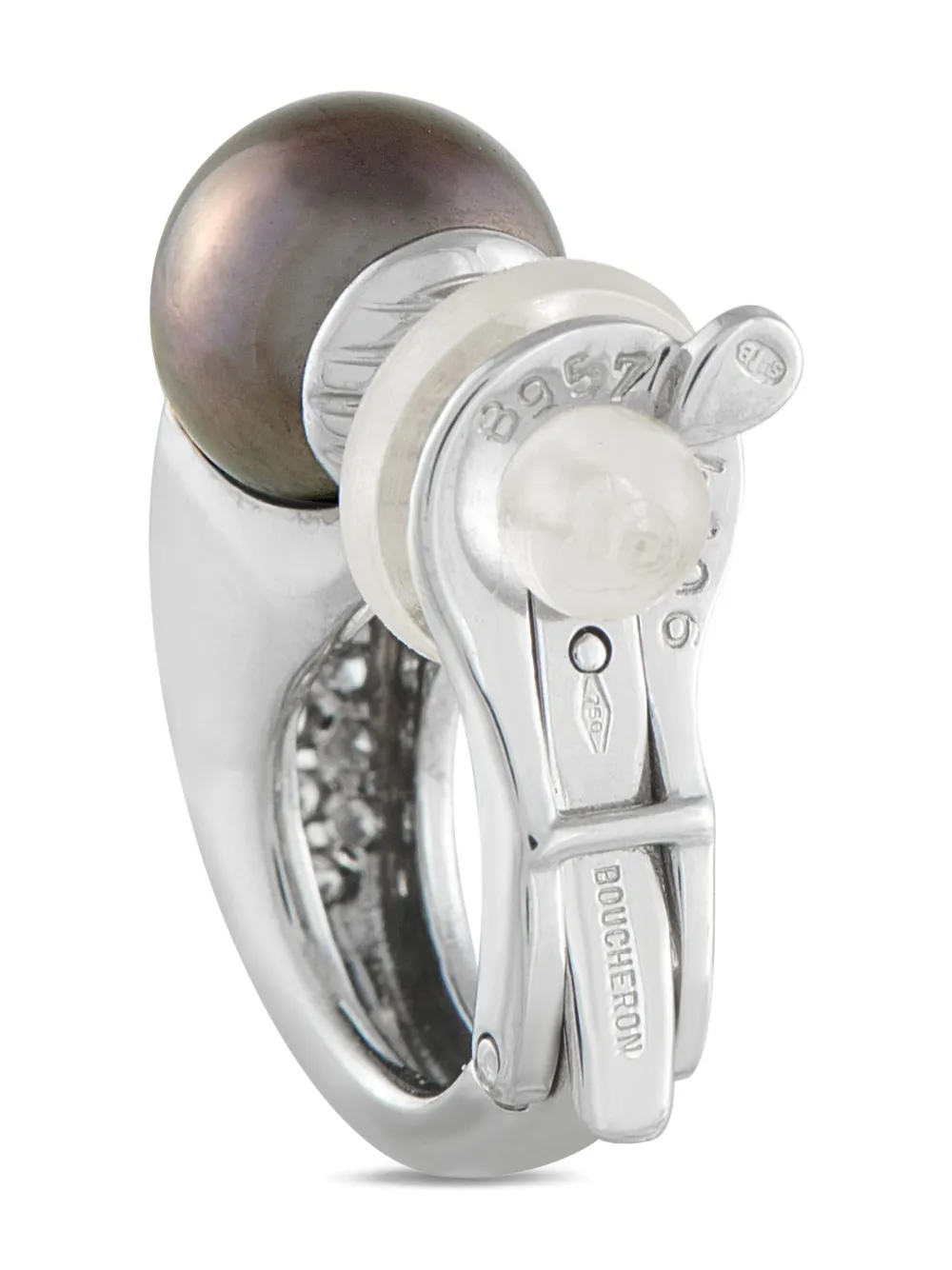 BOUCHERON Pre-owned 18k White Gold Diamond And Black Pearl Clip-on Earrings In Silver