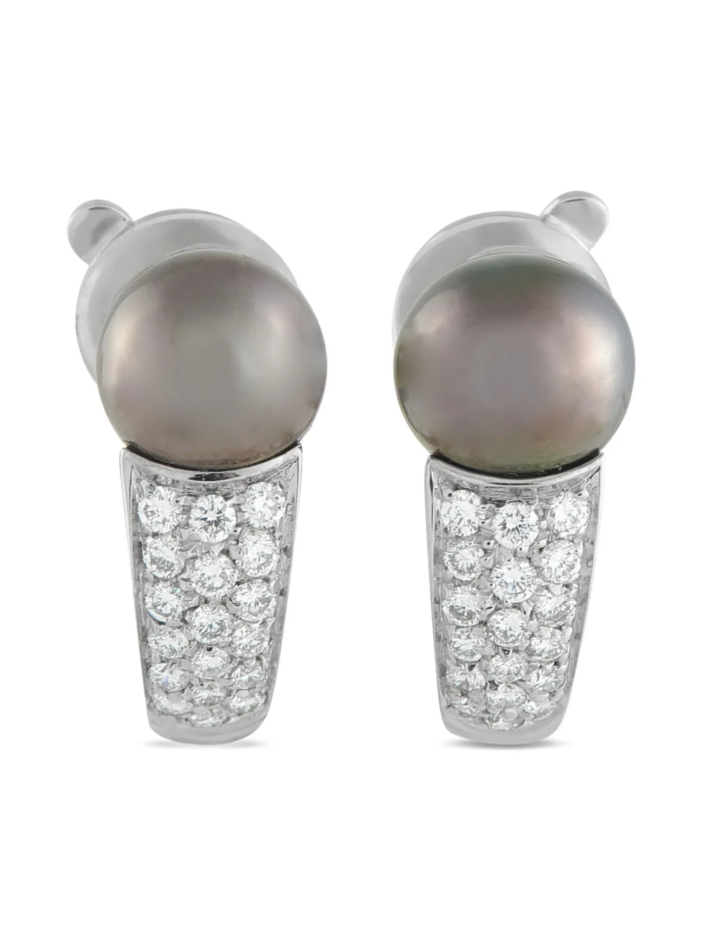 Pre-owned Boucheron 18k White Gold Diamond And Black Pearl Clip-on Earrings In Silver