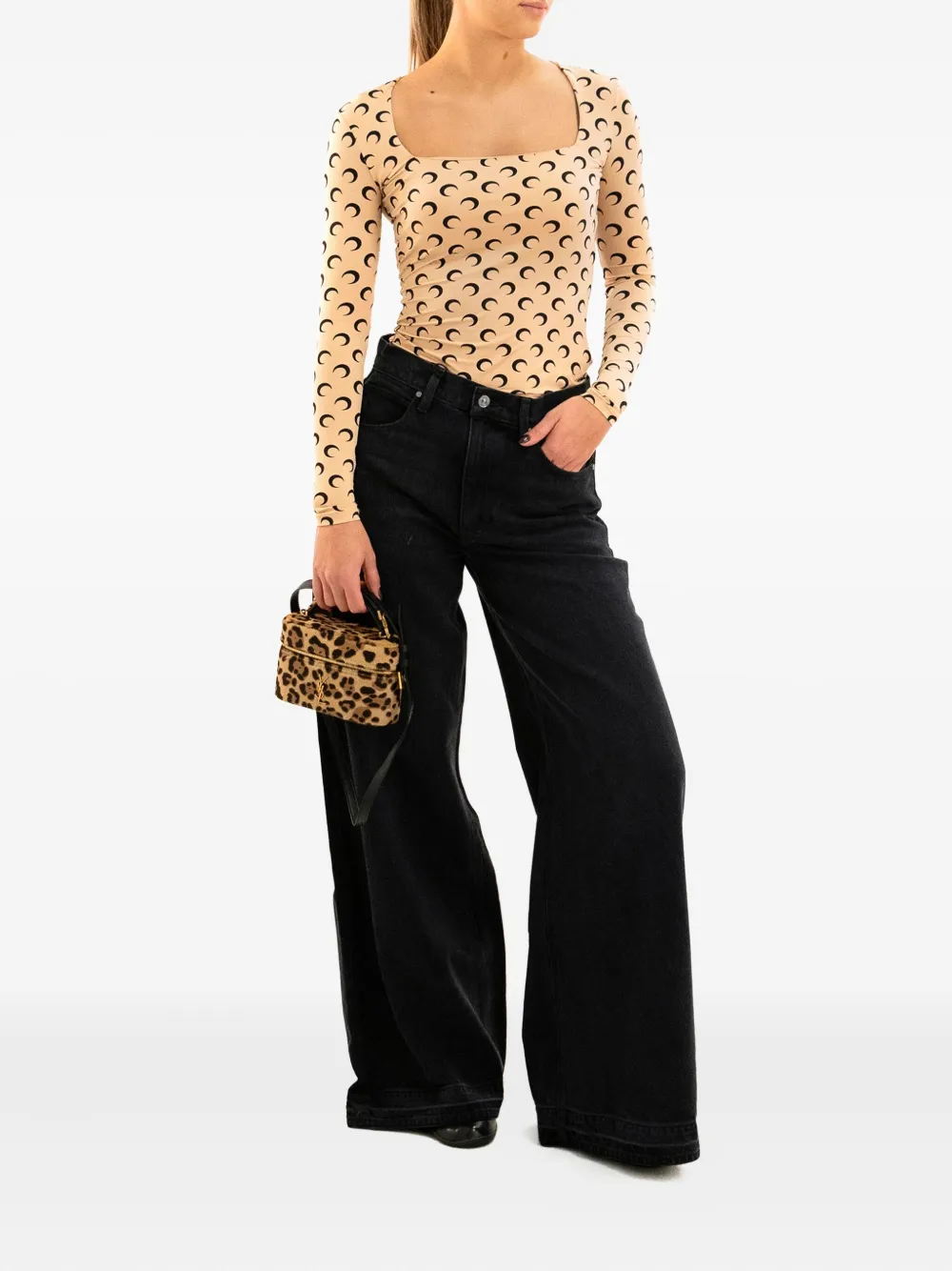 Marine Serre Moon Printed Jersey Ls Squareneck Top Woman Tan In Neutral