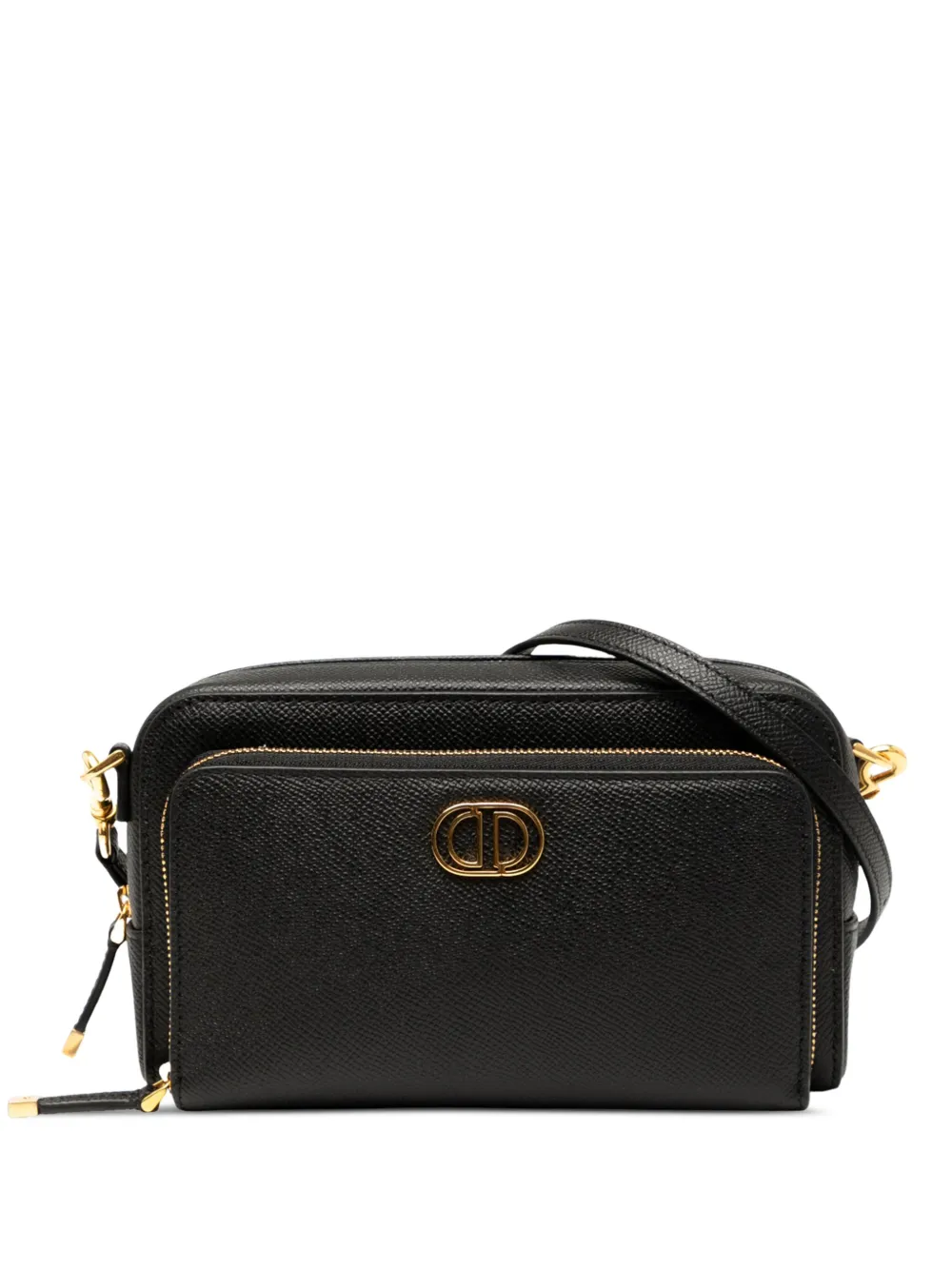 Pre-owned Dior 2022 Grained Calfskin Caro Double Pouch Crossbody Bag In Black