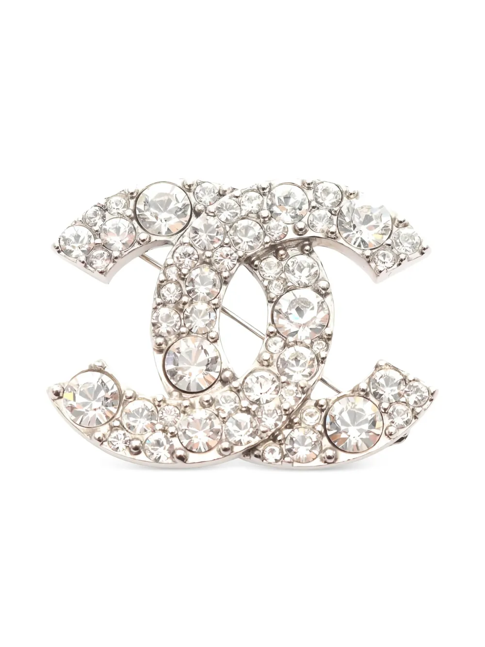 Pre-owned Chanel 1986-1988 Coco Mark Rhinestone Brooch In Silver