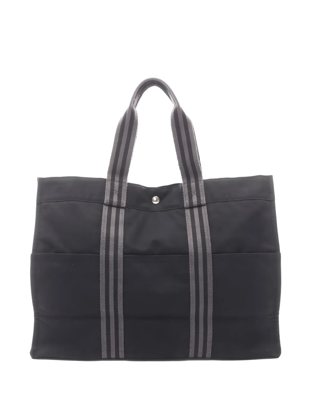 Pre-owned Hermes Striped Canvas Tote Bag In Black
