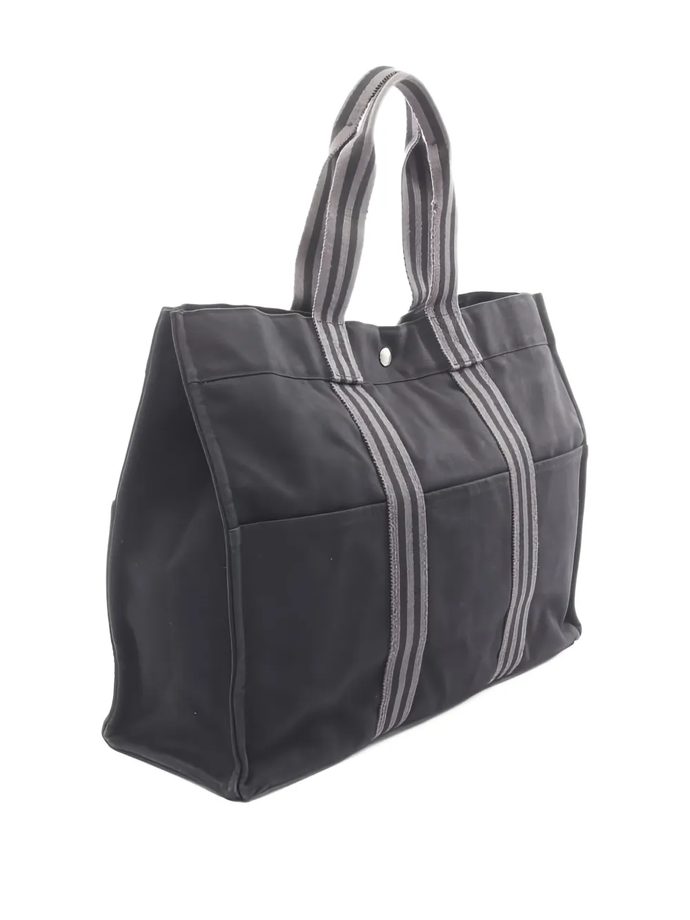 Pre-owned Hermes Striped Canvas Tote Bag In Black