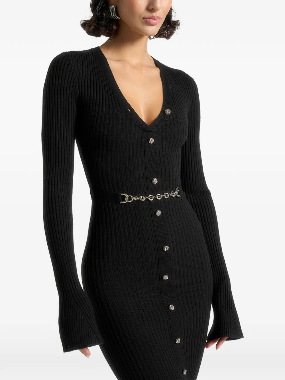 Assia Long-Sleeve Knit Belted Black Maxi Dress