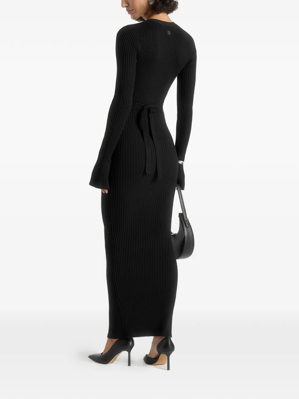 Assia Long-Sleeve Knit Belted Black Maxi Dress
