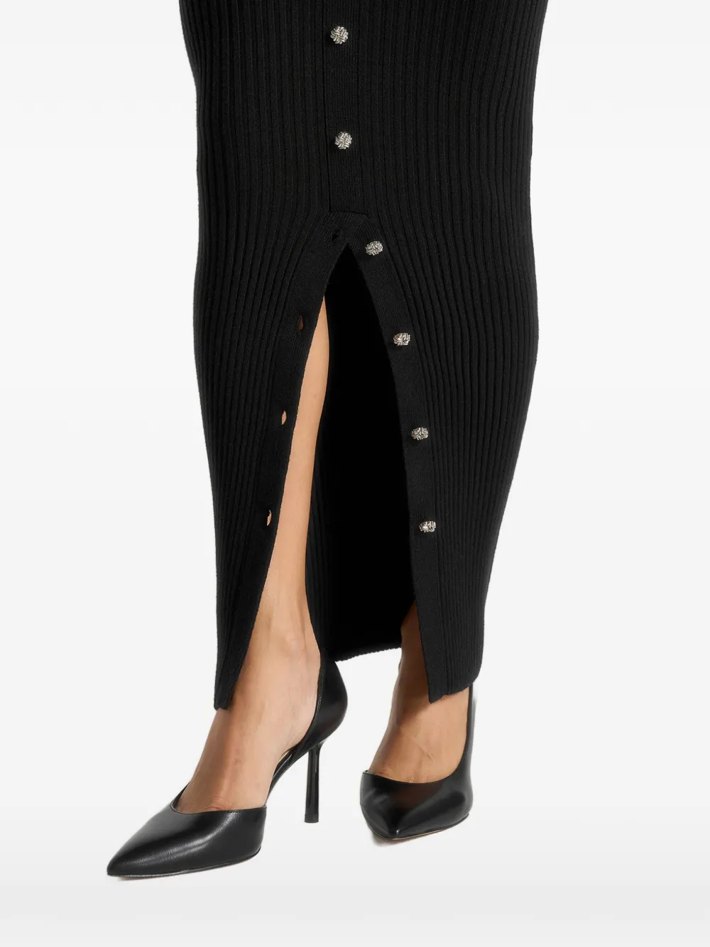 Assia Long-Sleeve Knit Belted Black Maxi Dress