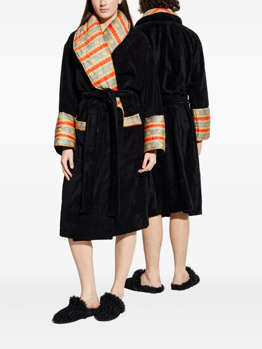 Versace Striped Bath Robe In Black