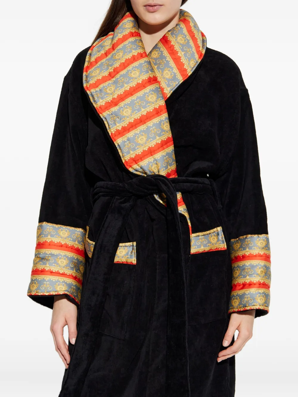 Versace Striped Bath Robe In Black