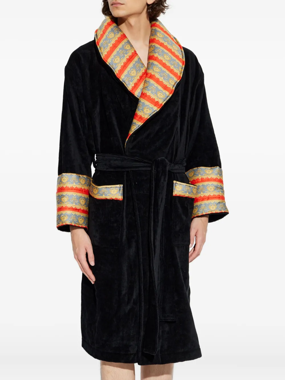 Versace Striped Bath Robe In Black