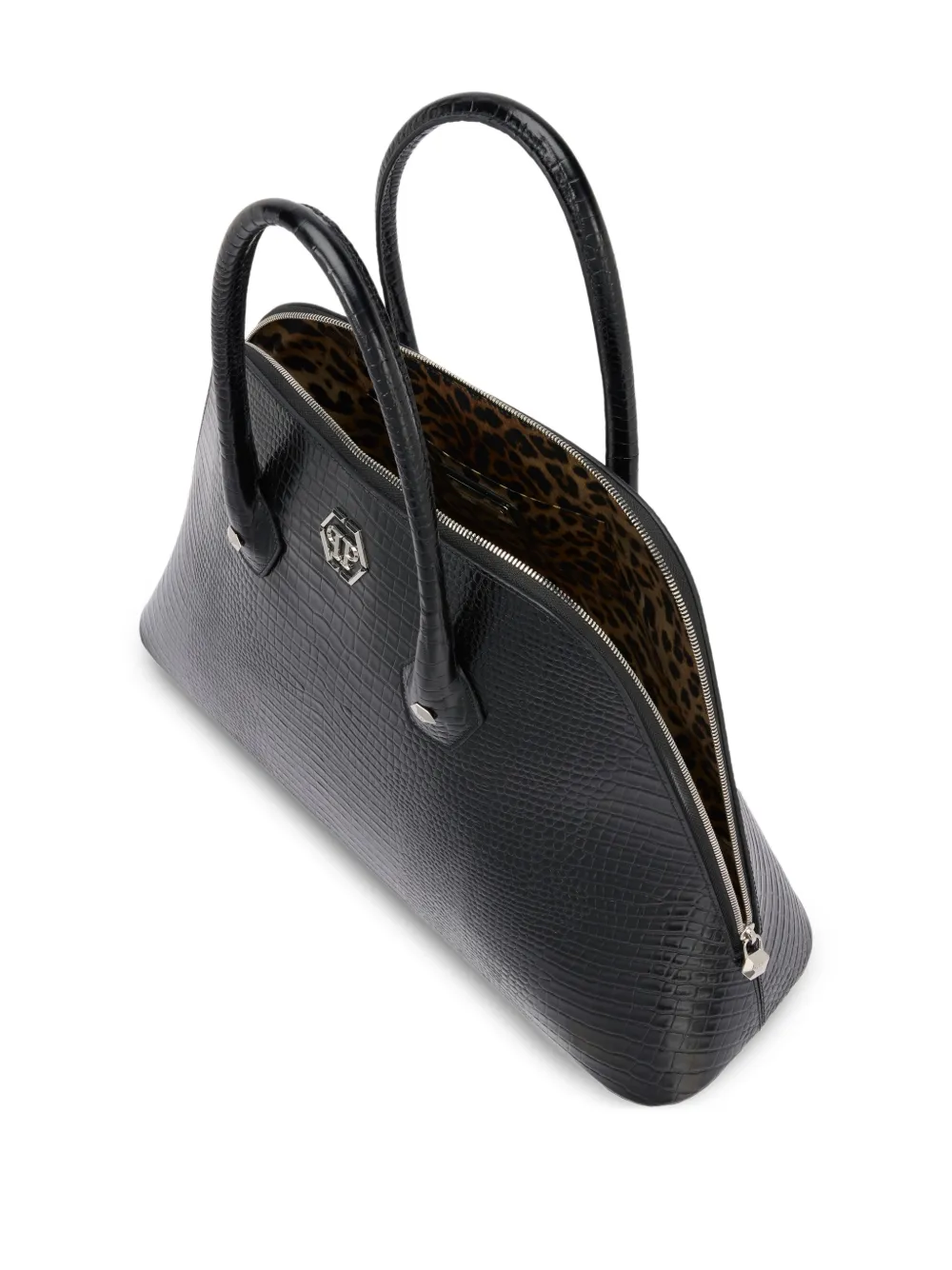 Philipp Plein Large Majestic Crocodile-print Logo Patch Shoulder Bag In Black