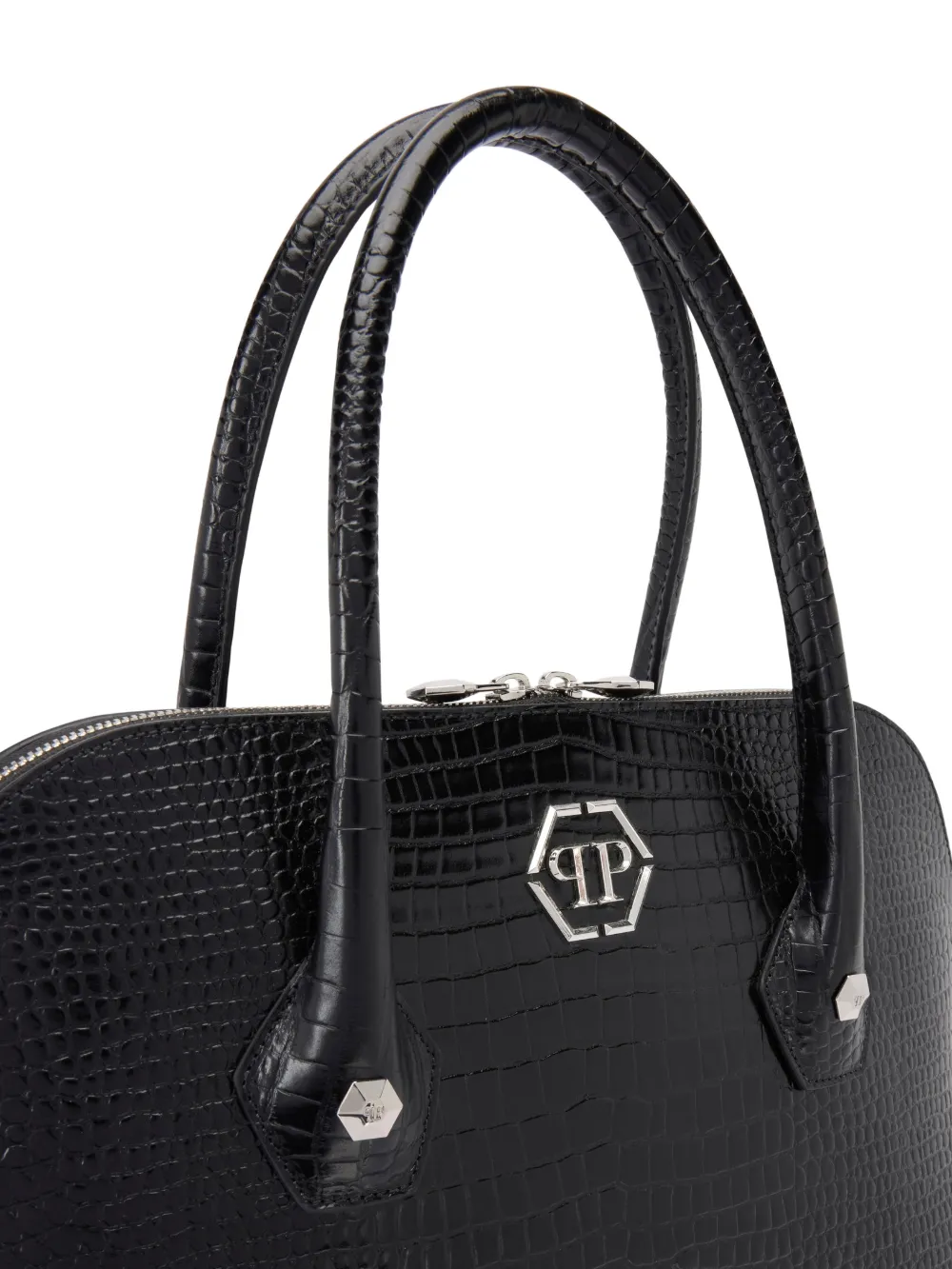 Philipp Plein Large Majestic Crocodile-print Logo Patch Shoulder Bag In Black