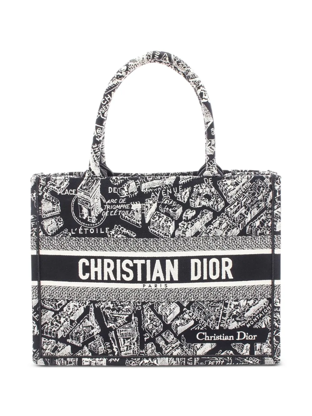 Pre-owned Dior 2021-2025 Medium Canvas Embroidered Plan De Paris Book Tote Bag In Black