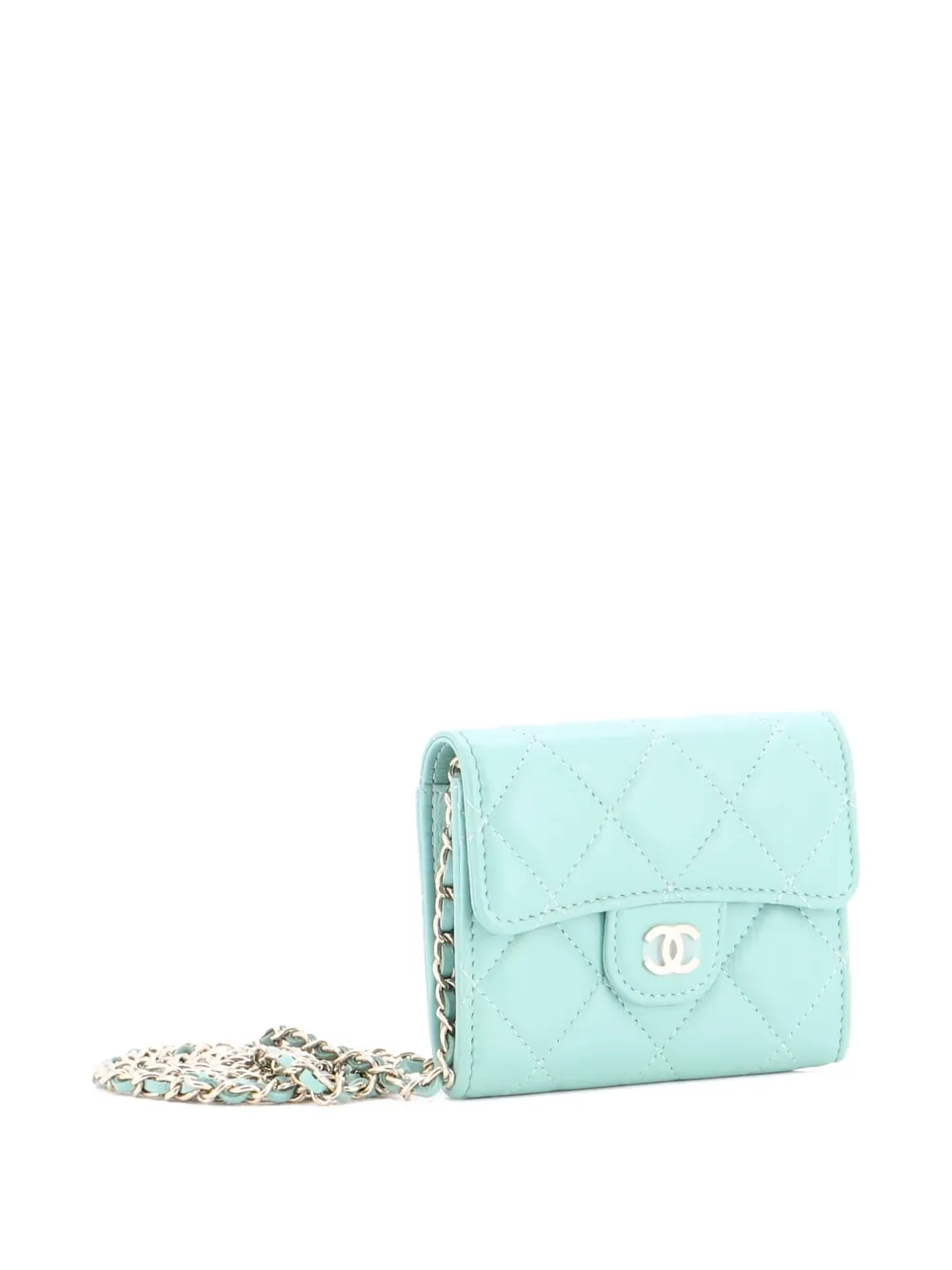 Pre-owned Chanel Classic Flap Card Holder On Chain Quilted Lambskin Mini Clutch Bag In Green