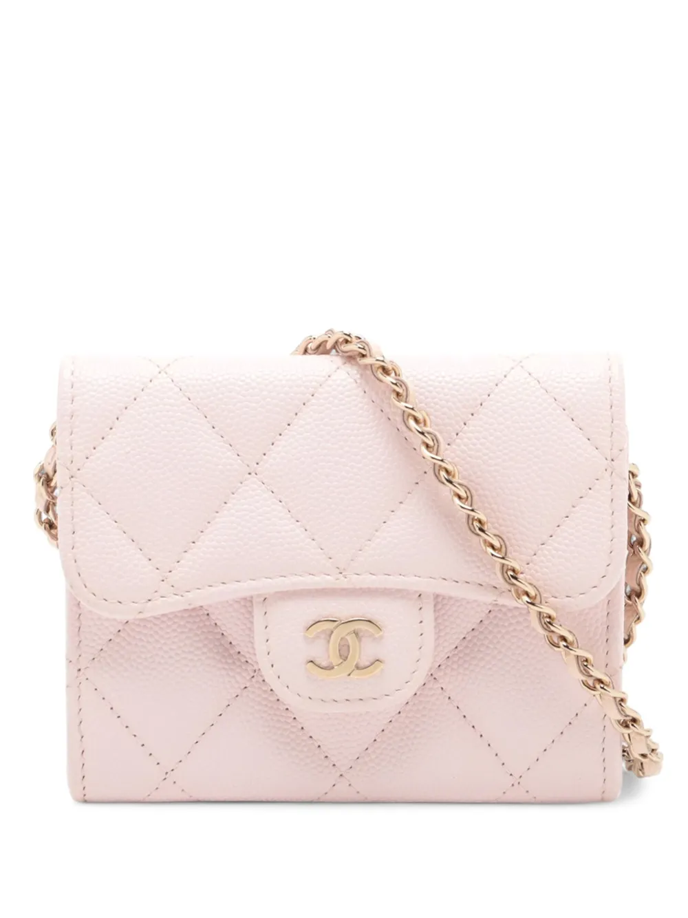 Pre-owned Chanel 2021 Cc Quilted Caviar Flap Card Holder On Chain Crossbody Bag In Pink