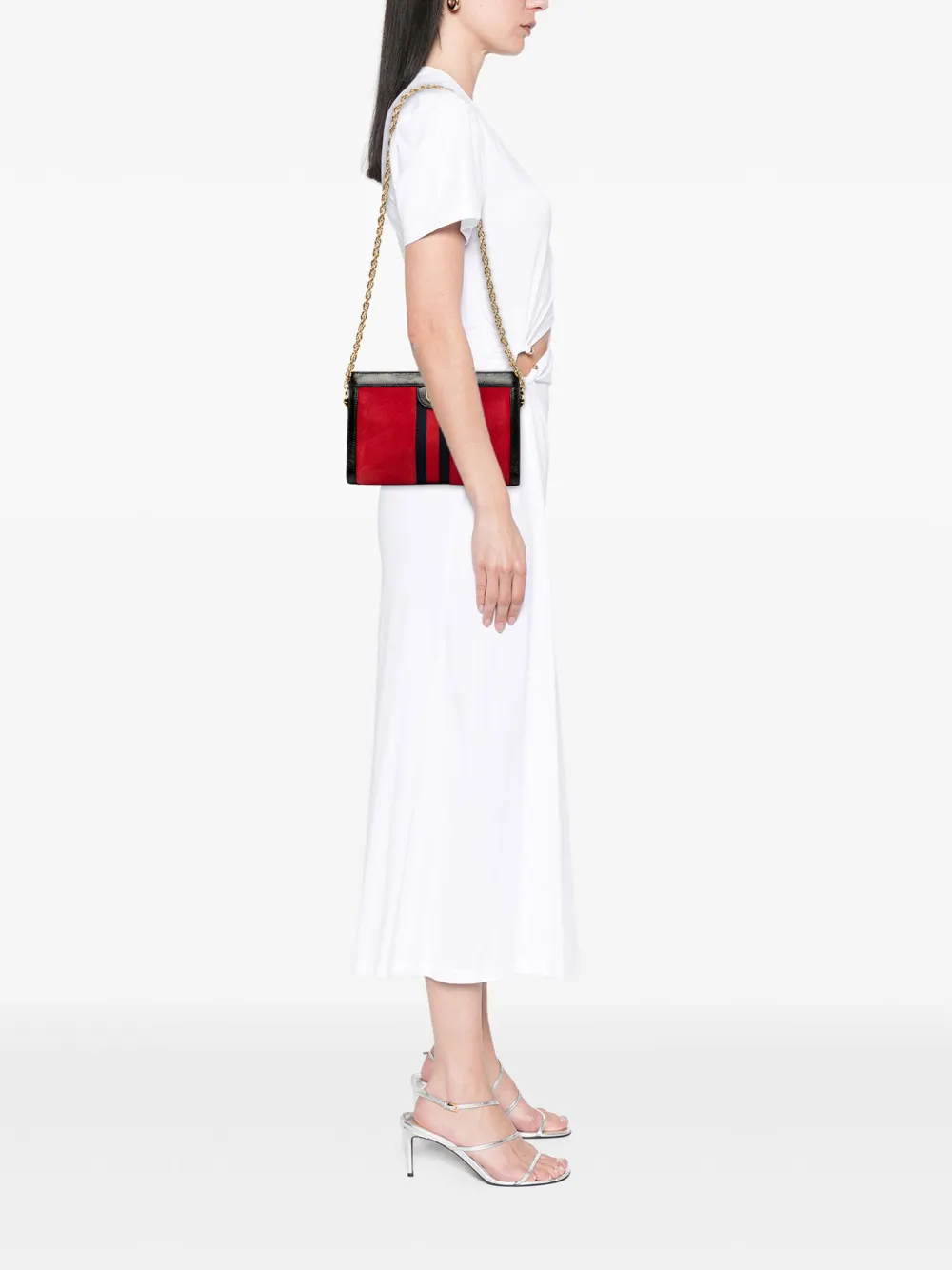 Pre-owned Gucci 2016-2025 Small Suede Ophidia Chain Crossbody Bag In Red