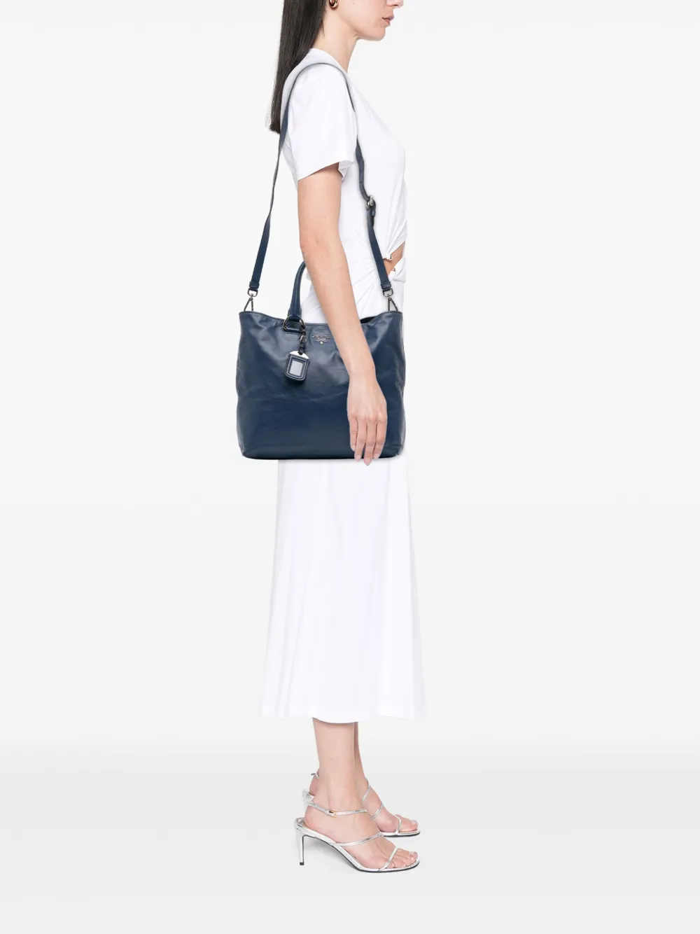 Pre-owned Prada 2000-2025 Soft Calf Open Convertible Tote Satchel In Blue