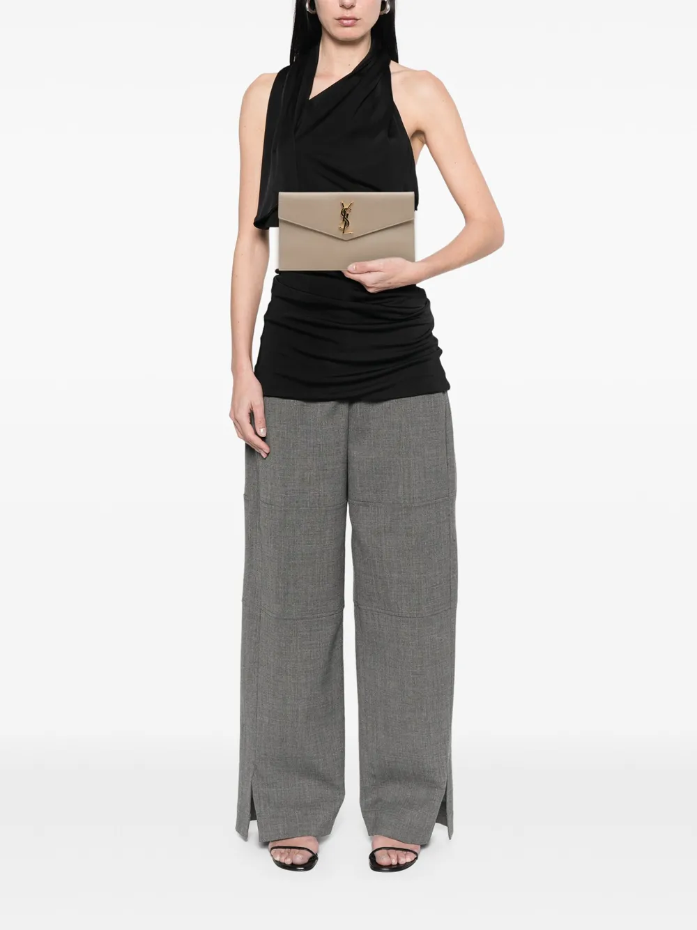 SAINT LAURENT Pre-owned 2020 Grain De Poudre Uptown Pouch Clutch Bag In Brown