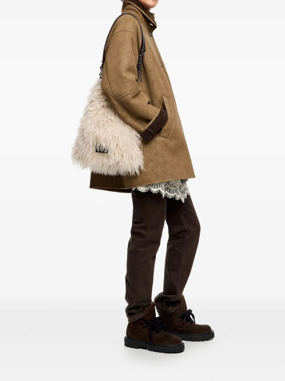 Bimba y Lola Schoudertas met textuur van bont - Beige