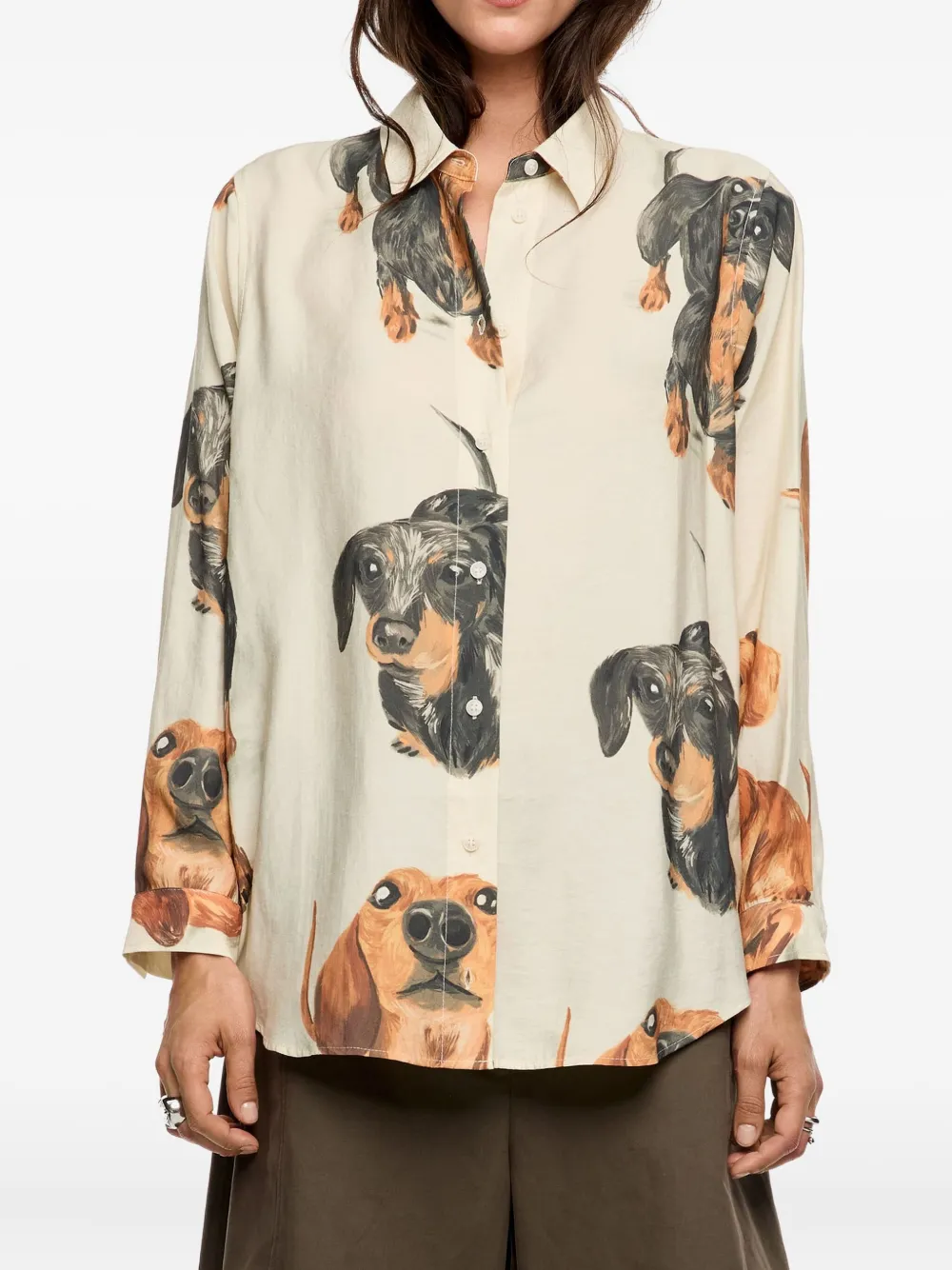 Bimba Y Lola Dog Print Collared Top In Neutral